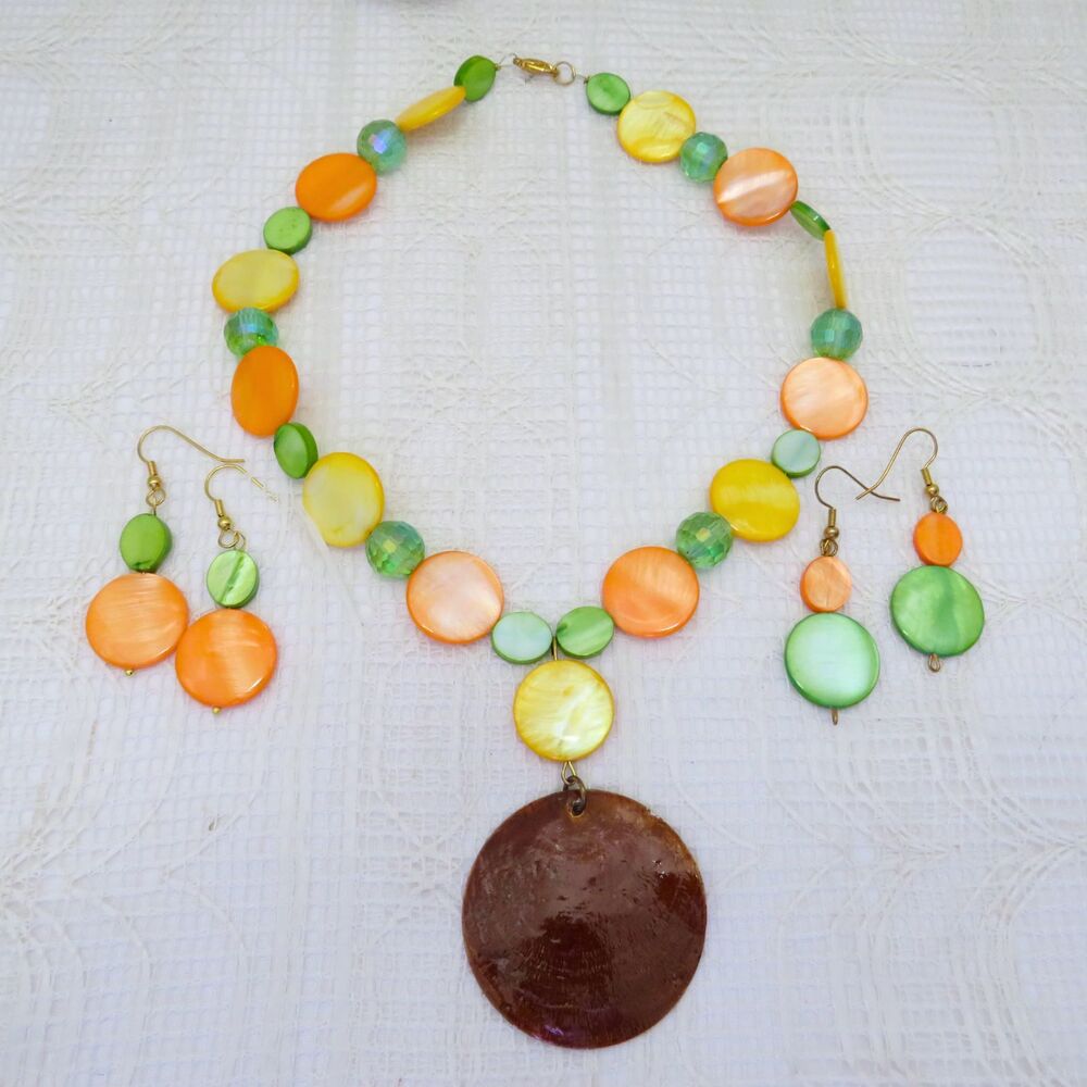 Handmade Necklace and Earrings Orange and Green Bright Colors Shell 80's Style